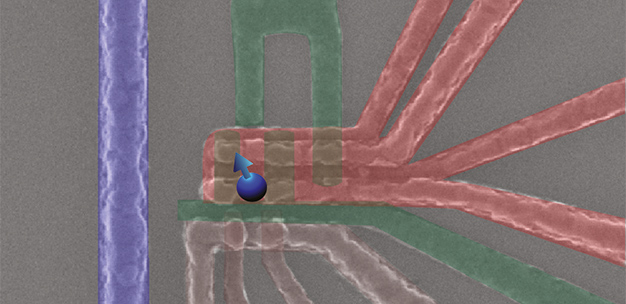 Electrical contacts (red) trap a single electron that is monitored by a nearby transistor (gray). The properties of this quantum-dot qubit are tuned using the magnetic field around a transmission line (blue).