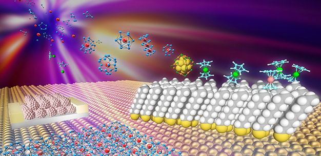 Nanoclusters of caged structures (blue and red) and sandwich structures (blue and green) synthesized in the gas phase can be deposited onto designer surfaces such as buckyball-functionalized conductive surfaces (center left) and alkanethiolate self-assembled monolayers (center right) as well as naked metal surfaces (bottom), with a range of possible applications in materials chemistry.