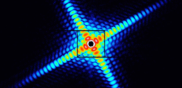 X-ray diffraction pattern from a cube-shaped copper oxide particle, approximately 500 nanometers in size.