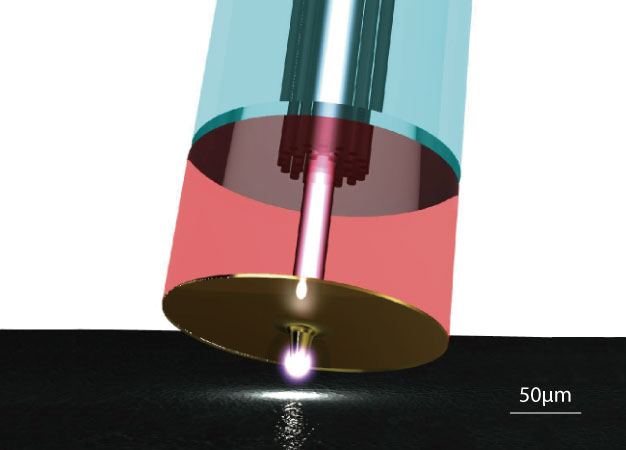 An optical fiber, its core tapered to an aperture just 70 nanometers wide, shines light onto fluorescent quantum dots to measure their temperature.